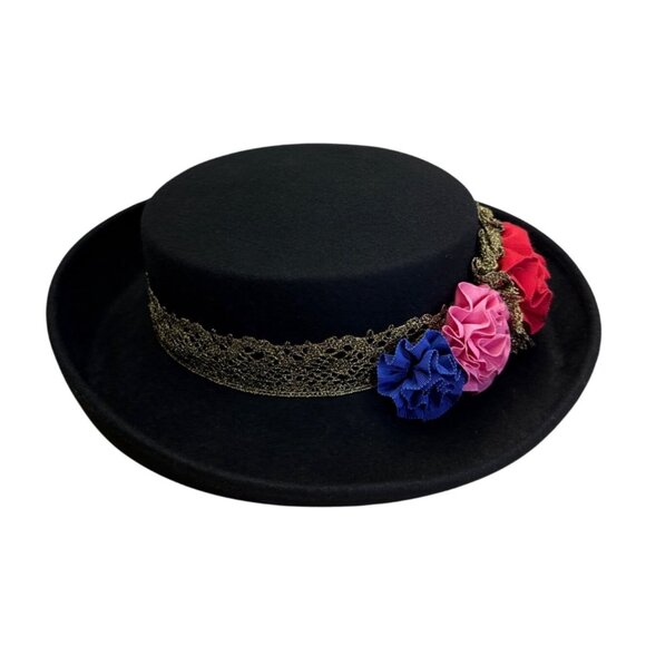 Black Felt Hat W/ Gold Lace Band & Colorful Fabric Flowers Bollman Hat Co main image 9